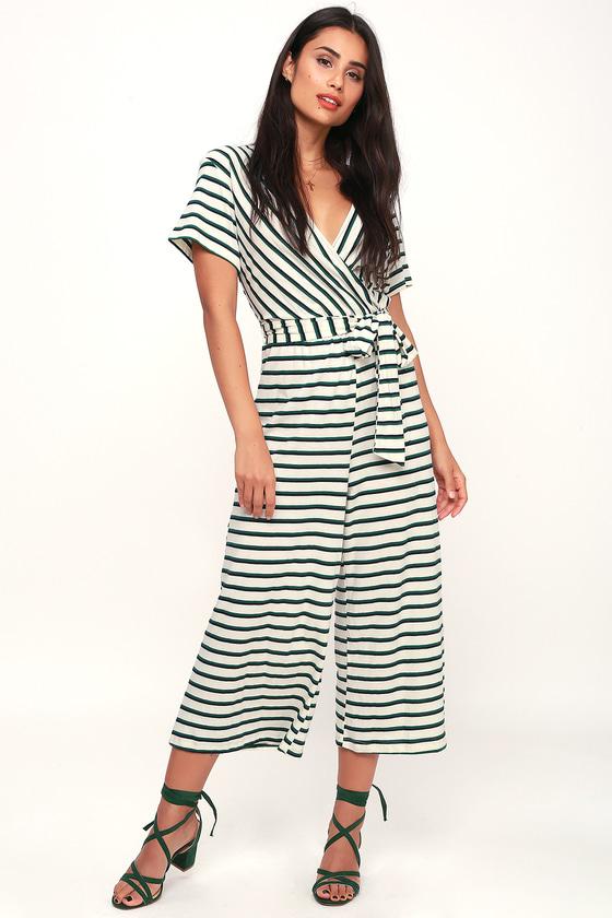 Lush Too Chill Cream And Green Striped Short Sleeve Culotte Jumpsuit | Lulus