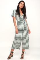 Lush Too Chill Cream And Green Striped Short Sleeve Culotte Jumpsuit | Lulus