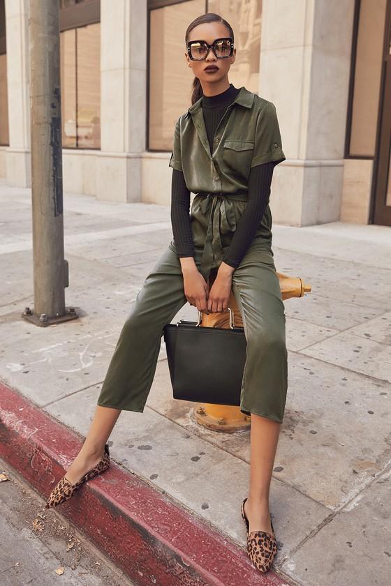 Jacintha Olive Green Satin Short Sleeve Jumpsuit | Lulus