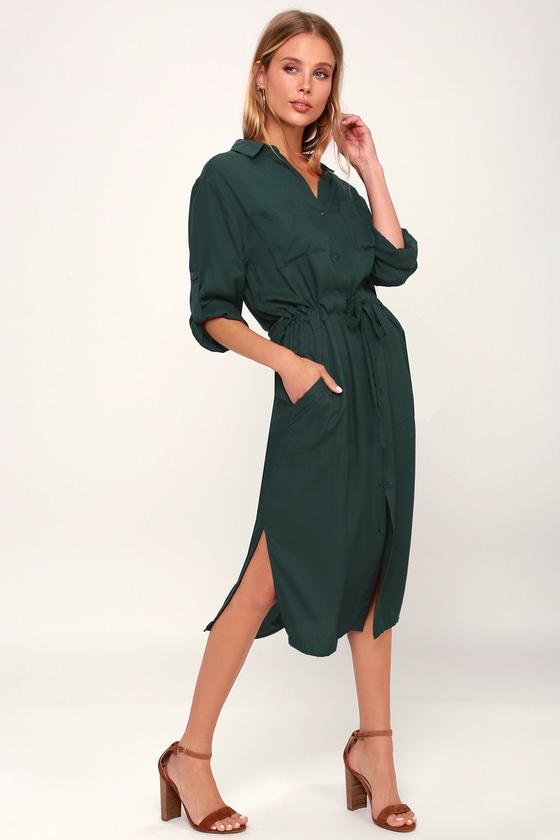 Lush Brewer Forest Green Midi Shirt Dress | Lulus