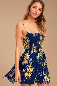 Lulus Fairytale Bliss Navy Blue Floral Print Skater Dress