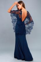 Lulus | Amelie Navy Blue Lace Maxi Dress | Size Large | 100% Polyester