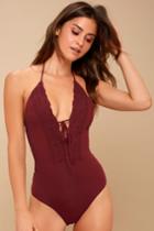 Kimmie Burgundy Lace Lace-up Halter One-piece Swimsuit | Lulus