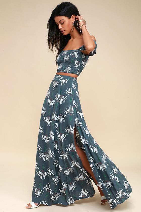 Trancoso Dusty Blue Floral Print Two-piece Maxi Dress | Lulus