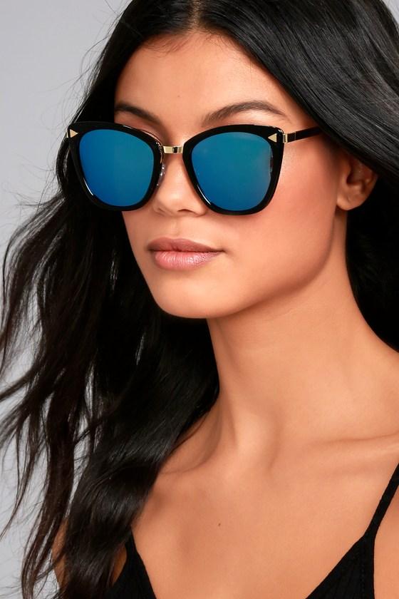 Lulus | Style For Miles Black And Blue Mirrored Sunglasses
