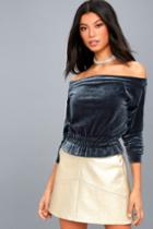 Lost Ink | Worth It Teal Blue Velvet Off-the-shoulder Crop Top | Size Xx-small | Lulus