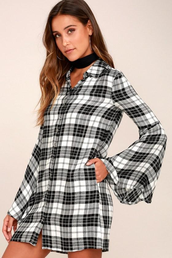 Lulus | Tymber Black And White Plaid Shirt Dress | Size Medium | 100% Rayon
