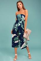 Rainforest Blooms Navy Blue Print Strapless Midi Jumpsuit | Lulus
