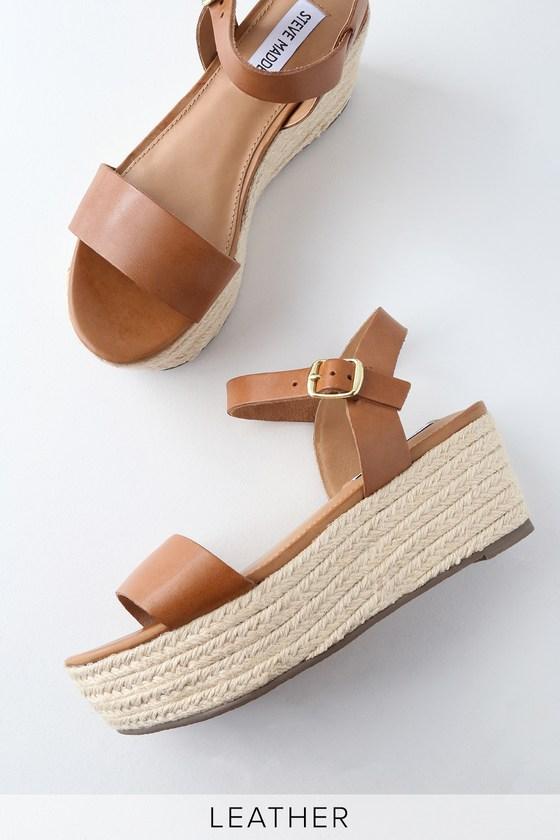 Steve Madden Busy Cognac Leather Espadrille Platform Sandal Heels | Lulus