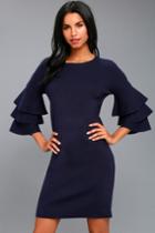 Everyday Extravagance Navy Blue Flounce Sleeve Sweater Dress | Lulus