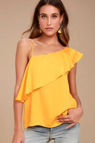 Lulus Chic Frills Yellow Satin One Shoulder Top