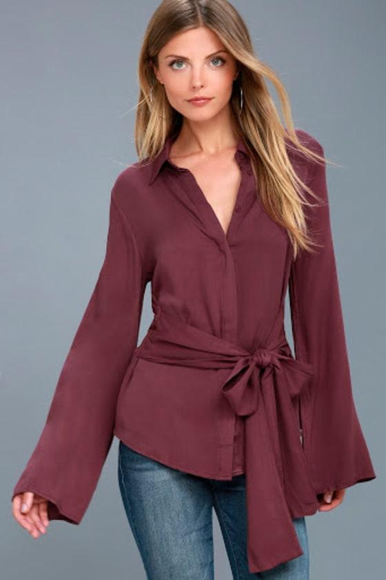 Lulus | Mason Washed Burgundy Long Sleeve Cutout Button-up Top | Size Large | Purple