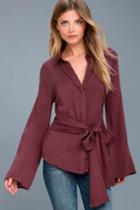 Lulus | Mason Washed Burgundy Long Sleeve Cutout Button-up Top | Size Large | Purple