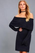 Rd Style Weekend In Vail Navy Blue Off-the-shoulder Sweater Dress