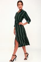 Lush Good News Dark Green Striped Midi Shirt Dress | Lulus