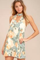Lulus | Part Of Your World Dusty Sage Floral Print Swing Dress | Size X-large | Blue | 100% Polyester