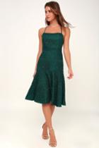Magic Moments Forest Green Lace-up Lace Midi Dress | Lulus