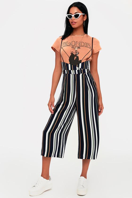 Creative Love Navy Blue Multi Striped Suspender Culotte Pants | Lulus