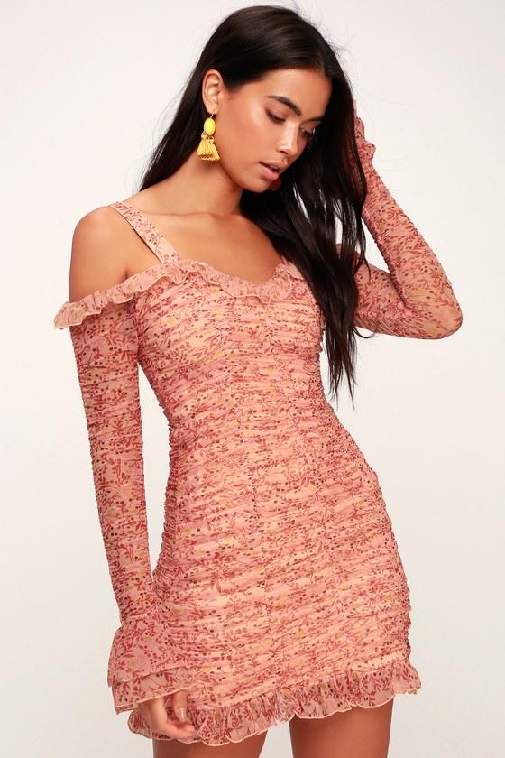 Finders Keepers Faded Blush Pink Print Ruched Off-the-shoulder Bodycon Dress | Lulus