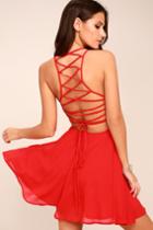 Lulus | Good Deeds Red Lace-up Dress | Size Medium | 100% Polyester