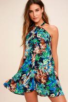 Lulus Once A Palm A Time Navy Blue Tropical Print Swing Dress