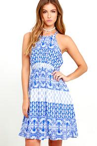 Lulus Hide Away Blue And White Print Halter Dress