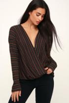 Lush Uniss Black Multi Stripe Surplice Long Sleeve Sweater Top | Lulus