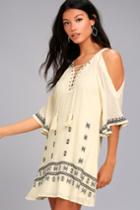 Lulus | To The Sea Light Beige Embroidered Cold Shoulder Dress | Size X-small | 100% Rayon