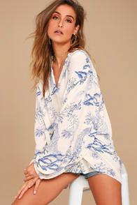 Free People Metallic Blooms Ivory Print Top