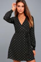 Lulus | Wandering Soul Gold And Black Polka Dot Wrap Dress | Size Large | 100% Polyester