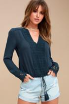 Re:named Bali Daydream Navy Blue Lace Long Sleeve Top | Lulus