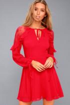 City Of Love Red Lace Long Sleeve Skater Dress | Lulus