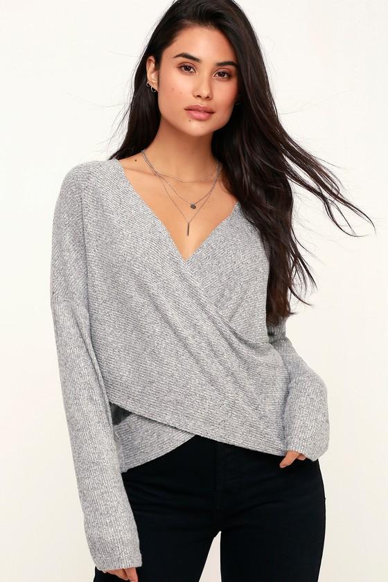 Olive + Oak Marley Light Heather Grey Surplice Sweater Top | Lulus