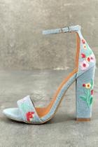 Shoe Republic La Suri Light Blue Embroidered Ankle Strap Heels