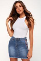 American Bazi Amberley Medium Wash Side Stripe Denim Mini Skirt | Lulus
