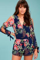 Lulus Run Away With Me Navy Blue Floral Print Long Sleeve Romper