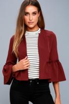 Dance & Marvel | Forever Fancy Wine Red Cropped Flounce Sleeve Jacket | Size Large | 100% Polyester | Lulus