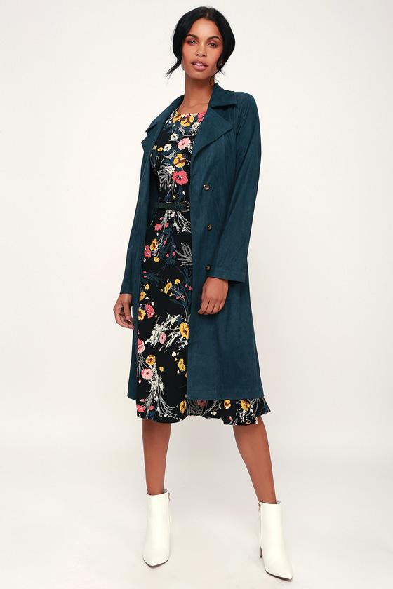 Marika Dark Teal Suede Trench Coat | Lulus