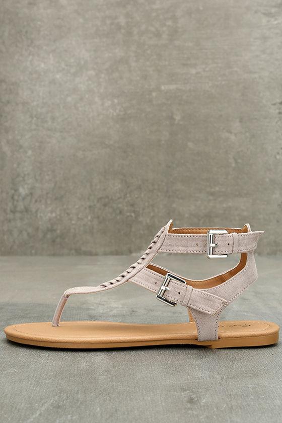 Qupid | Draya Taupe Suede Flat Sandal Heels | Size 6.5 | Beige | Vegan Friendly | Lulus