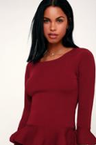 Donatella Burgundy Ribbed Knit Flounce Sleeve Peplum Top | Lulus