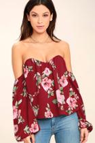Lulus In Your Arms Wine Red Floral Print Off-the-shoulder Top