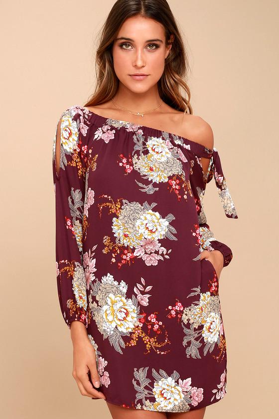 Ali & Jay | Jade Plum Purple Floral Print Off-the-shoulder Shift Dress | Size X-small | 100% Polyester | Lulus