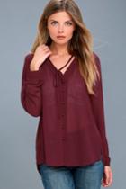 Lulus | Style Education Burgundy Blouse | Size Large | Red | 100% Polyester