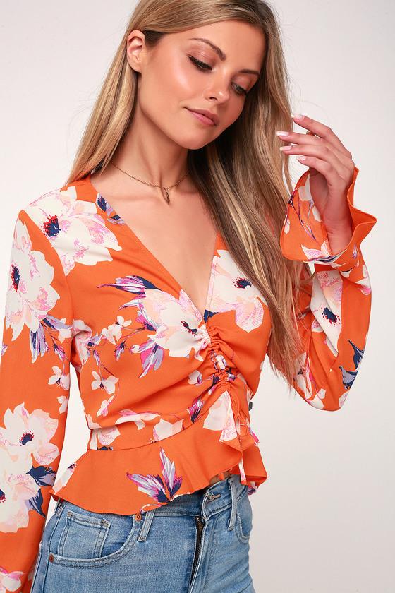 Paradise Bliss Orange Floral Print Flounce Sleeve Top | Lulus