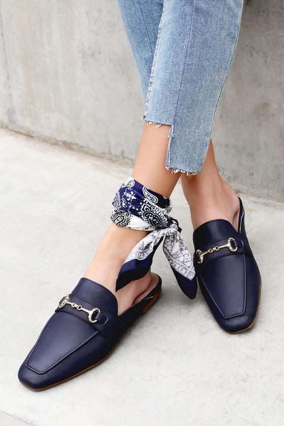 Steven By Steve Madden By Steve Madden Razzi L Navy Leather Loafer Slides | Lulus