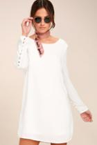 Lulus | Upbeat Chic White Long Sleeve Shift Dress | Size Medium | 100% Polyester
