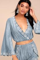 Lost + Wander Solstice Blue Embroidered Chambray Crop Top