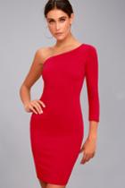 Lulus | Hello Lover Red One-shoulder Bodycon Dress | Size Large