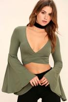 Lulus Tender Touch Olive Green Long Sleeve Crop Top