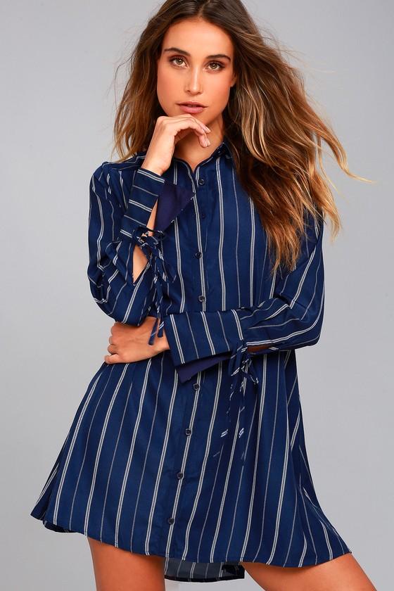 Lulus | High Seas Navy Blue Striped Shirt Dress | Size Small | 100% Polyester